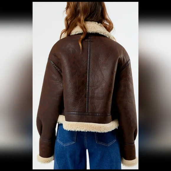 PACSUN Faux Leather Sherpa Moto Jacket. Brown/cream. Size Small - Picture 3 of 16